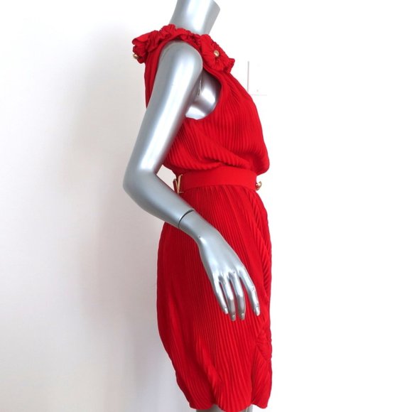 FENDI DRESS RED ACCORDION PLEATED SILK SIZE 40 SLEEVELESS BELTED - Picture 4 of 12